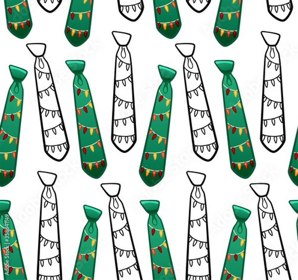 Fototapeta Green flat style and black outline style neckties with garlands print seamless pattern on white background