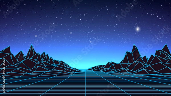 Fototapeta Synthwave background. Dark Retro Futuristic backdrop with blue wireframe landscape and sky full of stars. Horizon glow. Abstract Retrowave template. 80s Vaporwave style. Stock vector illustration
