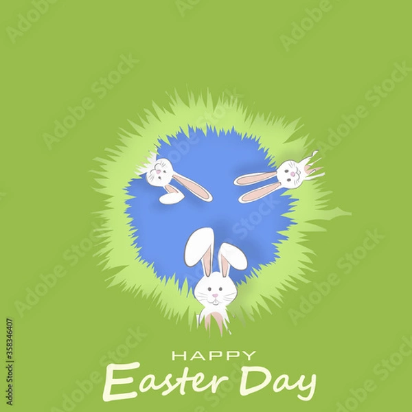 Obraz Vector paper cut. With rabbits, grassland, sky and Easter eggs. For Easter day background.