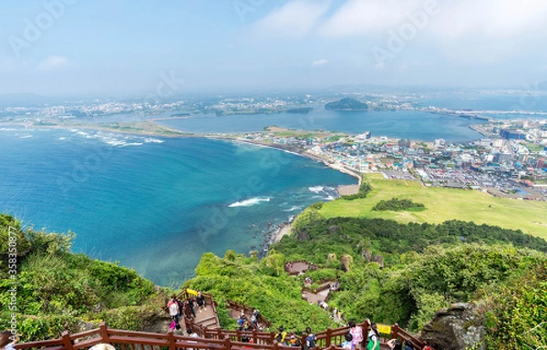 Fototapeta panoramic view of the Songsan Ilchulbong from the Peak on jeju island.