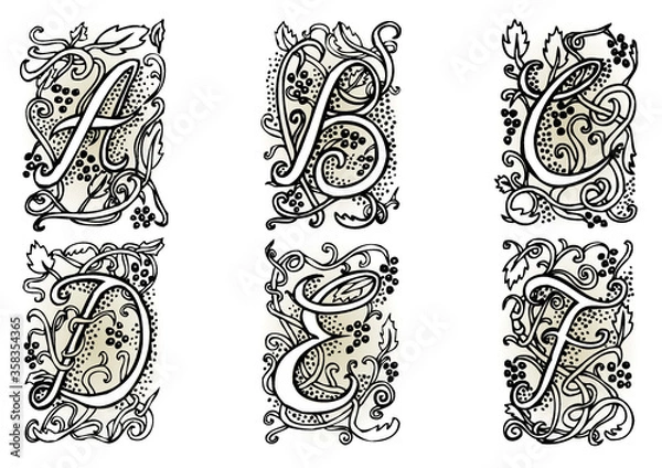 Obraz Hand drawn artistic vector fairytale letters " a ", " b ", " c ", " d ", " e ", " f ".  Whole alphabet downloadable at my portfolio.
