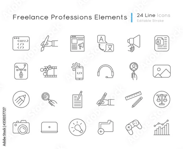 Fototapeta Freelance professions elements pixel perfect linear icons set. Online marketing strategy. Game pad. Customizable thin line contour symbols. Isolated vector outline illustrations. Editable stroke