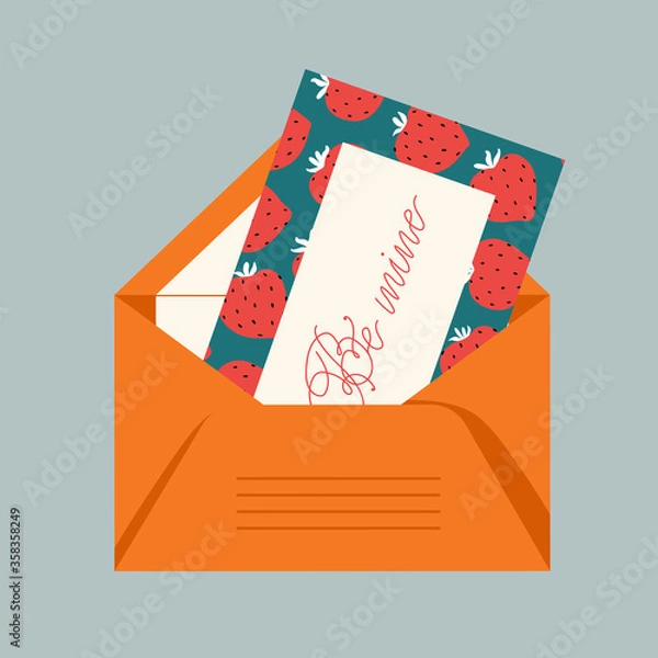 Fototapeta Opened an orange envelope and a strawberry pattern greeting card. Modern hand-drawn vector illustration of an envelope. Love letter. Cute isolated illustrated element for web and print.