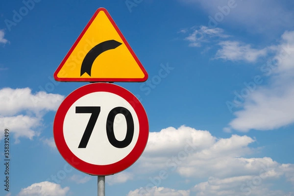 Fototapeta speed limit sign and warning corner sign