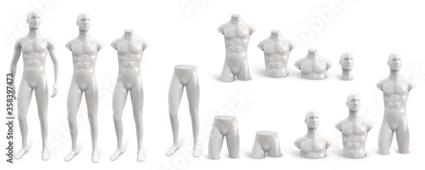 Obraz Set of white male plastic standing naked mannequin for clothes of different parts. Front view. Decor showcases fashion store. Vector 3d realistic illustration isolated on white background