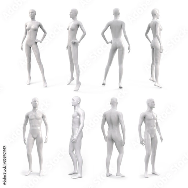 Obraz White plastic female and male mannequin for clothes. Side, front and back view. Commercial equipment for shop windows. 3d illustration isolated on a white background.