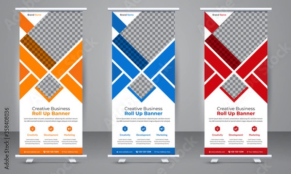 Fototapeta Corporate business Roll up stand banner template design with three color variation. Standee Design, Brochure Flyer, Annual Report, Background, Magazine, Poster, X banner, Flag Banner Design.
