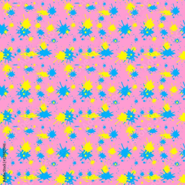 Fototapeta Seamless pattern of yellow and blue paint splashes on a pink background.