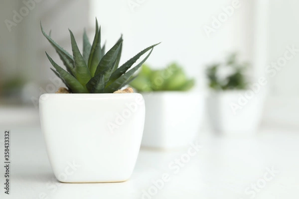 Fototapeta Beautiful artificial plant in flower pot on white table. Space for text