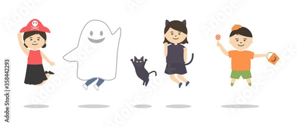 Fototapeta ハロウィンの仮装をしてジャンプをする子供たちのイラスト
