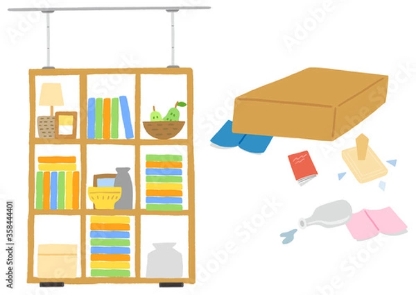 Obraz 地震対策でつっぱり棒を設置している棚、地震対策しておらず倒れて物が散らばっている棚