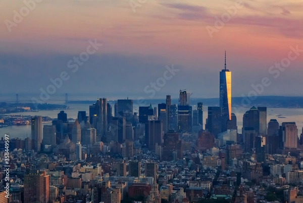 Fototapeta New York Downtown and lower Manhattan skyline view with the One World Trade Center skyscraper at sunset