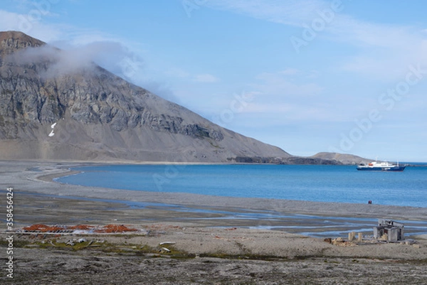 Fototapeta View over the fjord from "Gashamna" at "Hornsund" on Spitsbergen. Red bricks and whale bones are lying in a distance on the ground.