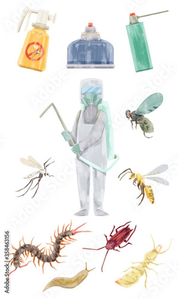 Fototapeta 駆除作業員と害虫の水彩手描きイラスト