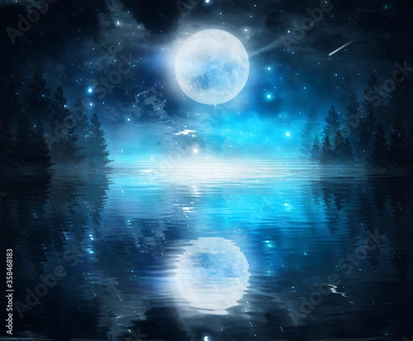 Fototapeta Темный холодный пейзаж с рекой. Зимний фон, отражение на воде лунного света. Драматическая сцена, дым, смог, туман, снег.