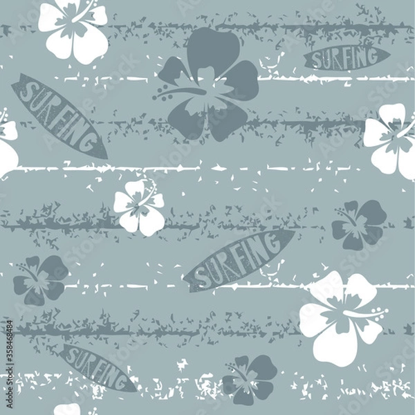Fototapeta seamless pattern surf board and white hibiscus flower with light grey 