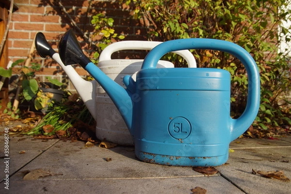 Fototapeta Two plastic watering cans in the garden in autumn. A white watering can and a blue watering can. Netherlands