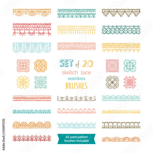 Fototapeta Vector set of 20 sketch lace seamless brushes.