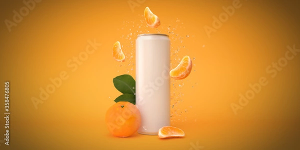 Fototapeta Orange can soda with flying mandarin mockup 3d render