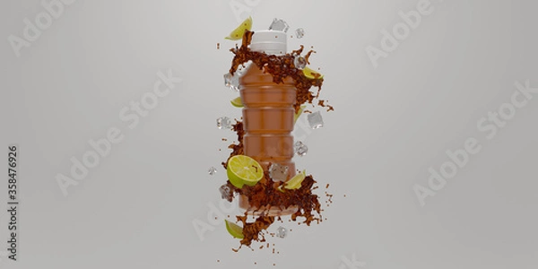 Fototapeta Tea bottle with splash and lemons mockup 3d render
