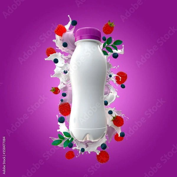 Fototapeta Yogurt bottle with milk splash raspberry and blueberries mockup 3d render