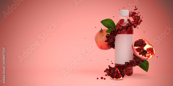 Fototapeta Water bottle with liquid splash and pomegranate on pink background 3d render