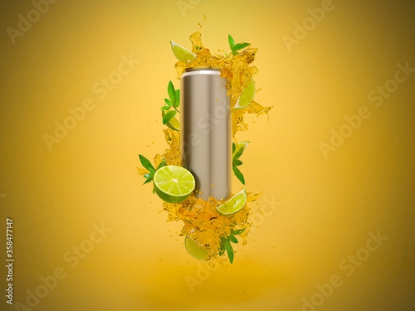 Fototapeta Soda can with lime and mint product 3d render