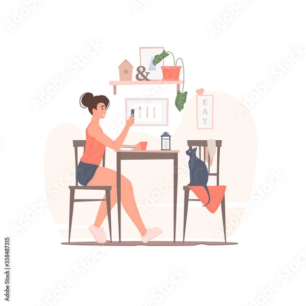 Fototapeta Woman with smartphone having breakfast with cat vector illustration.