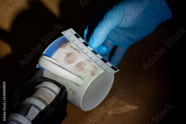 Obraz mug with a fingerprint in the hand of an investigator in rubber gloves. special detective magnifier. crime investigation