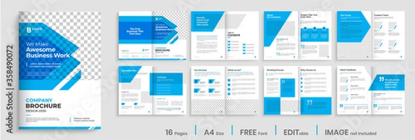 Fototapeta Brochure template design with blue modern shapes, 16 page, corporate, minimal business brochure template design.