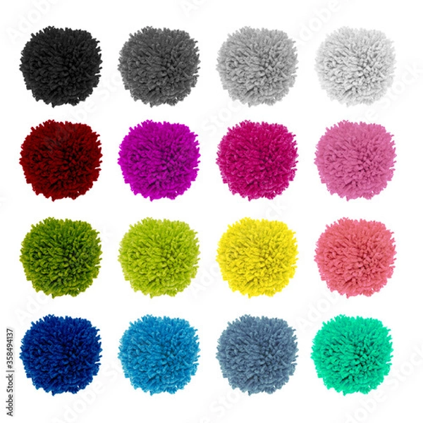 Obraz Set of fluffy bright, soft pompons made of yarn. Decor ball of needlework, handmade, soft children's toys. Fluffy soft colored wool pom-pom from threads for knitting yarn.