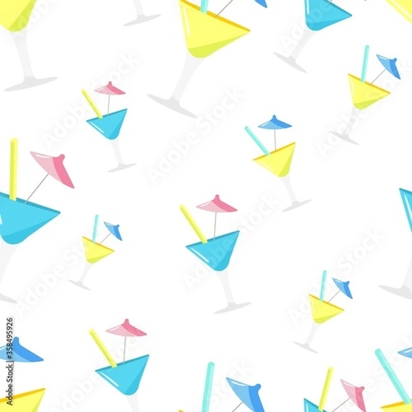 Fototapeta Blue and yellow cocktail pattern with a straw and an umbrella. Vector image, eps 10