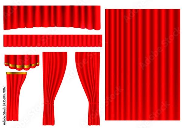 Fototapeta red curtains set realistic 3D vector illustration isolated on white background