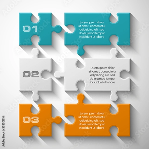 Fototapeta Three piece puzzle business presentation. Circle infograph. 3 step process diagram. Three section compare banner. Square schedule diagram