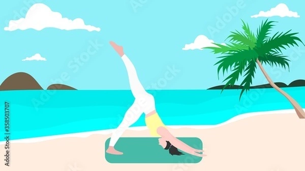 Fototapeta Illustration of a girl doing yoga at the beach. Vector image, eps 10