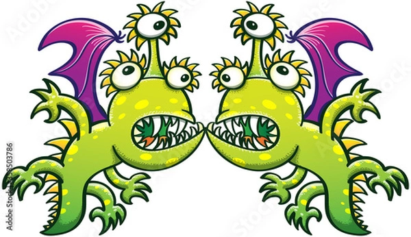 Fototapeta Three-eyed monstrous dragons with green spotted skin, bat wings, sharp teeth and long tails feeling surprised and confused when having an unattended face to face meeting