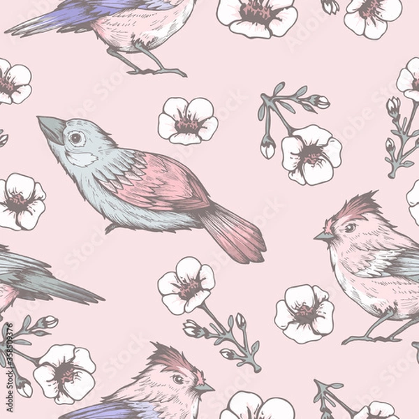 Obraz Seamless pattern with hand drawn flowers and birds
