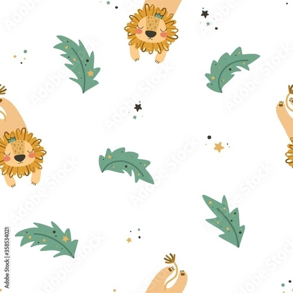 Fototapeta Seamless pattern with cute character lion and leaf. Cute vector illustration for kids - lion. Ideal print for fabrics, textiles and gift wrapping Baby Shower