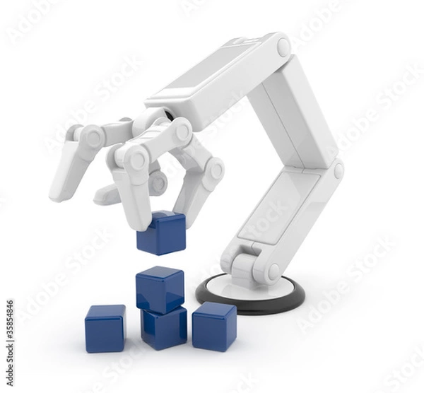 Obraz Robotic hand gather cube 3d. Artificial intelligence. Isolated o