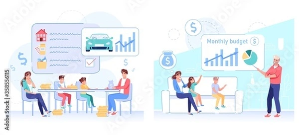 Fototapeta Monthly family budget set. Financial economy strategy planning. Father, mother, children accounting money profit, analyzing income, discussing expenses, targeting money saving for dream purchase