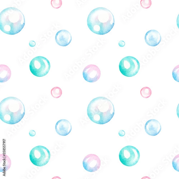 Fototapeta Watercolor hand drawn seamless pattern with bubbles on white background. Cute pink, blue, green bubbles isolated. Nice, delicate pattern for your design.