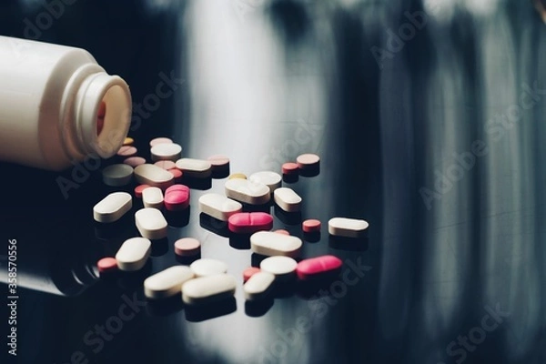 Fototapeta medicine tablet on table, medical and healthcare business technology