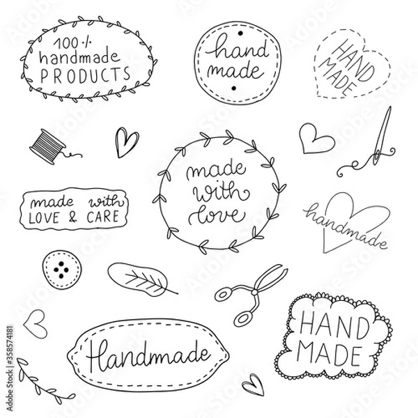 Fototapeta Vector Set of vintage handmade badges and labels. Handmade, workshop, graphic design set. Vector illustration.