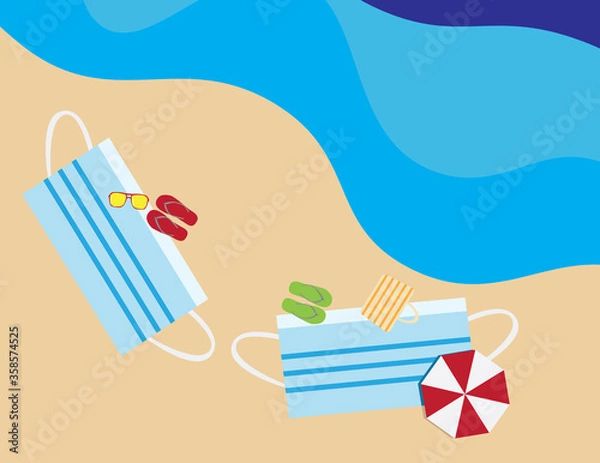 Fototapeta Flat illustration of face masks shape beach towels, umbrellas, flip flops, beach bag and sunglasses in the beach