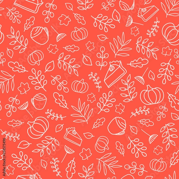 Fototapeta Thanksgiving seamless pattern with pumpkin, pie slice, latte, leaves, branches. Cute autumn background. Pumpkin spice mood.