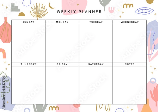 Fototapeta Weekly Planner Template. Stationery organizer for daily plans. Abstract modern design. Vector.
