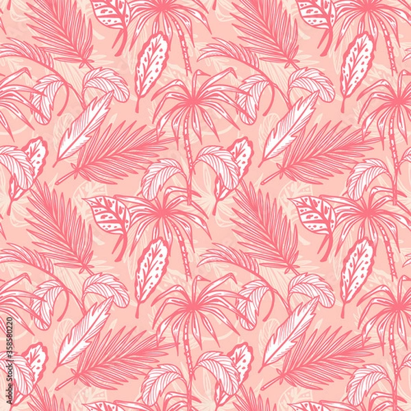Fototapeta Tropical Palm Tree Leaves Vector Seamless Pattern. Hand Drawn Doodle Palm Leaf Sketch Drawing. Summer Floral Background. Tropical Plants Wallpaper
