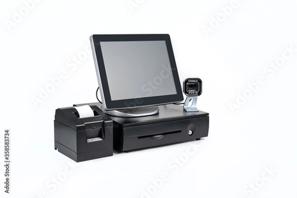 Fototapeta Point of sale touch screen system with thermal printer and cash drawer isolated on white