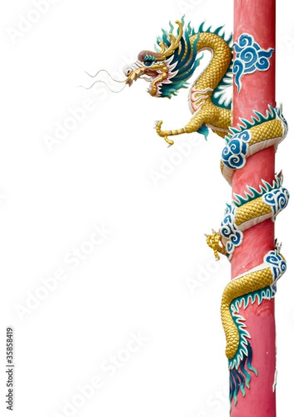 Fototapeta Chinese Dragon Wrapped around red pole on white