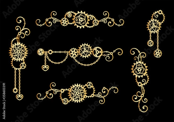Fototapeta Borders and frames of golden gears, chains and curls on a black background. Mechanism. Steampunk. Set of decorative elements for a stylish holiday greeting card, signage and labels. Vector template